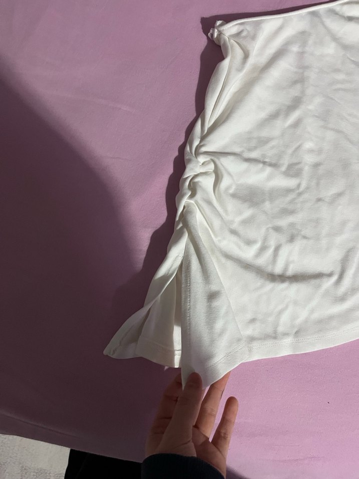 Beyaz Keten Straplez Drapeli üst - Görsel 2