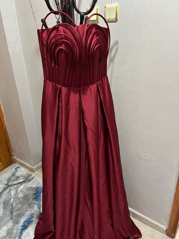 Bordo Drapeli Uzun Abiye Elbise - Görsel 4