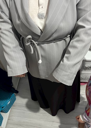 Kadın Gri Midi Ceket Kemerli Sokağa Uygun - Görsel 4