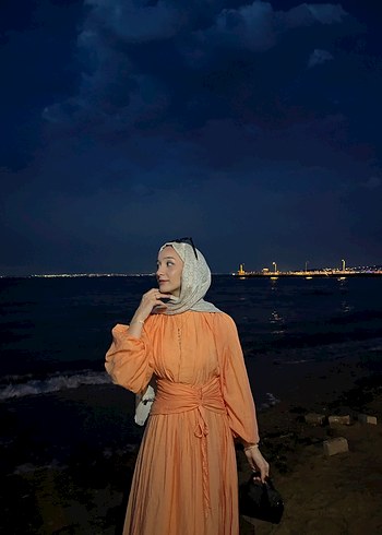 Turuncu Pamuklu Uzun Elbise - Görsel 7