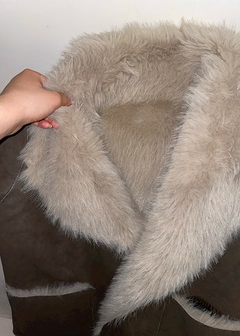 Gri Süet Kadın Uzun Kürklü Ceket çift taraflı - Görsel 4