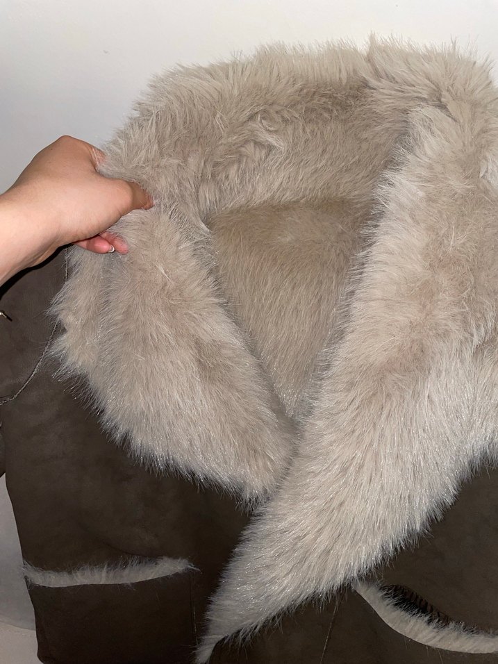Gri Süet Kadın Uzun Kürklü Ceket çift taraflı - Görsel 4