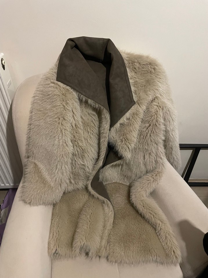 Gri Süet Kadın Uzun Kürklü Ceket çift taraflı - Görsel 3