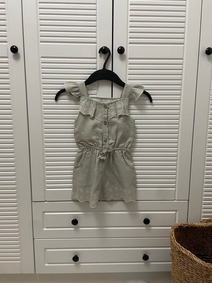 Kız Çocuk Bej Keten Fırfırlı Elbise - Görsel 2