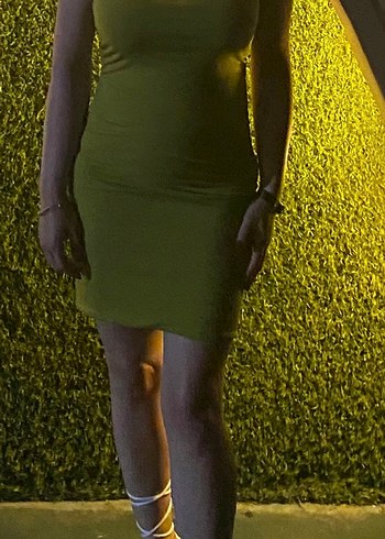 Kadın ip Askılı Mini Elbise yağ yeşili renk - Görsel 4