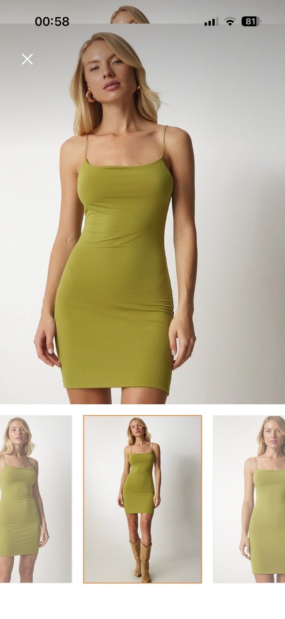 Kadın ip Askılı Mini Elbise yağ yeşili renk - Görsel 2