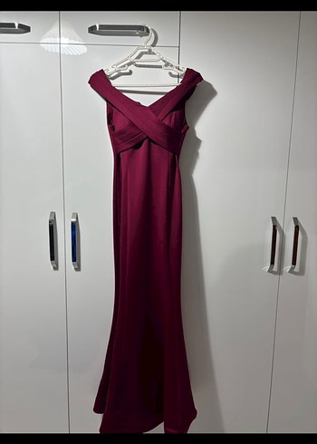 Bordo Uzun Drapeli V Yaka Abiye Elbise - Görsel 3