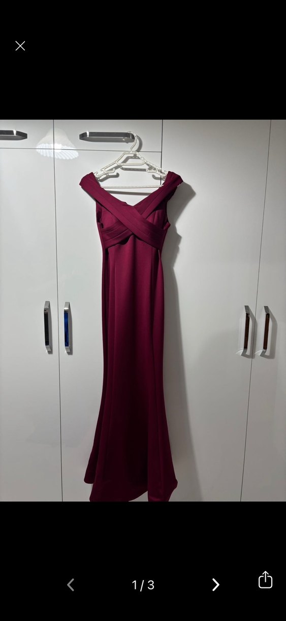 Bordo Uzun Drapeli V Yaka Abiye Elbise - Görsel 3