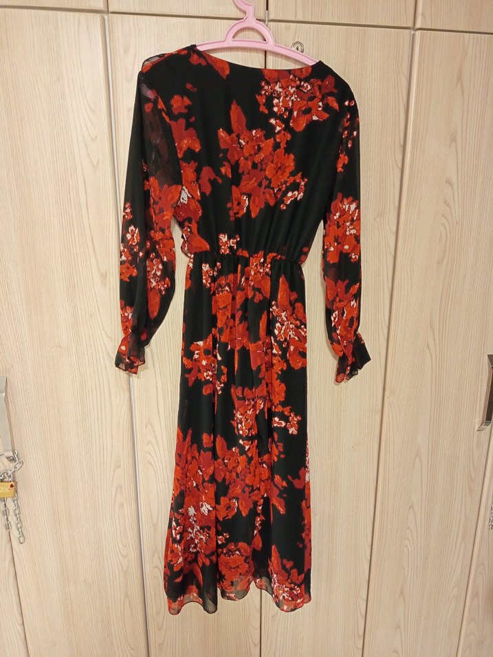 Kırmızı Çiçek Desenli Uzun Bohem Elbise - Görsel 2