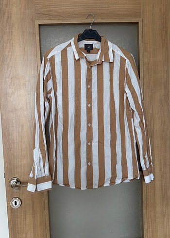 H&M Ekru Kahverengi Cizgili Rahat Gomlek