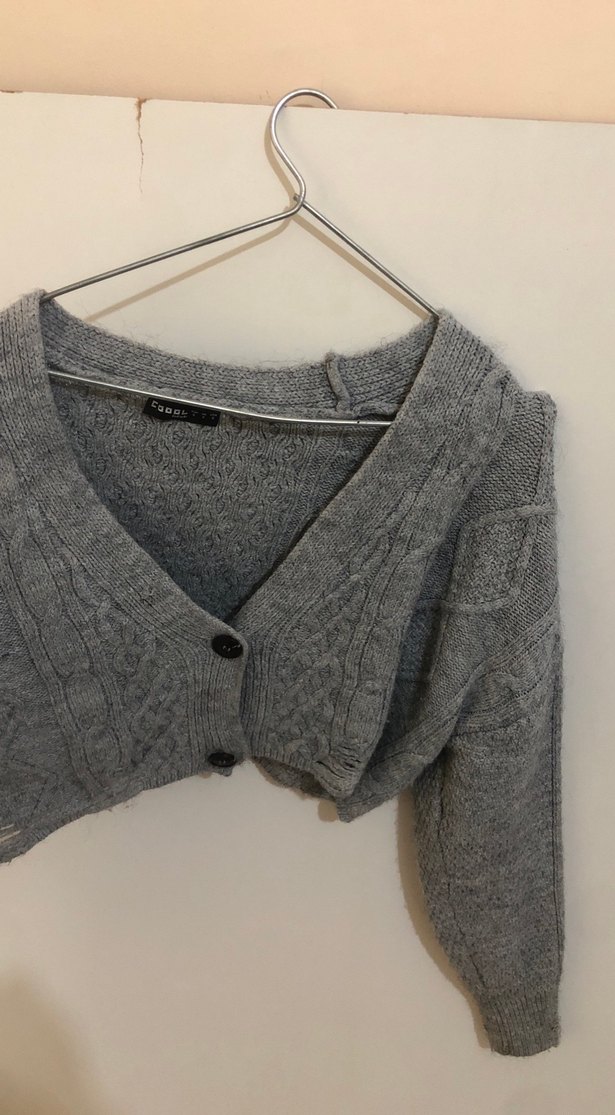 Gri Örgü V Yaka Salaş Kadın Hırka - Görsel 2