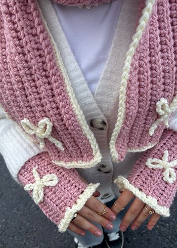 Pembe el Örgü atkı eldiven set - Görsel 2