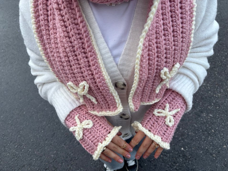 Pembe el Örgü atkı eldiven set - Görsel 2