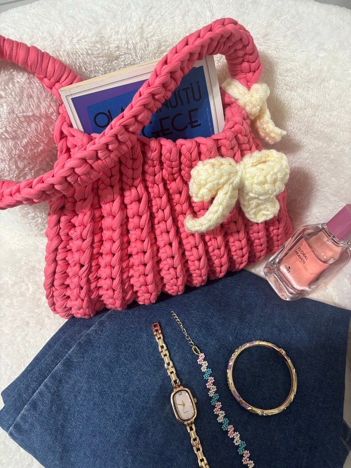 Pembe Örgü Kadın Çanta - Görsel 3