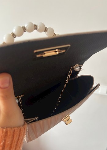 Boncuklu Bej Deri Yılan Desenli Kadın Çanta - Görsel 2