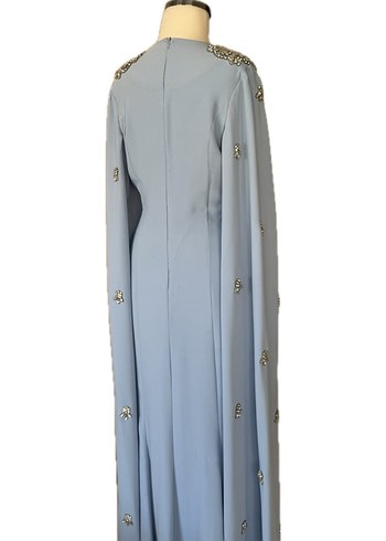 Uzun Kollu Nakışlı Mavi Abiye Elbise - Görsel 3