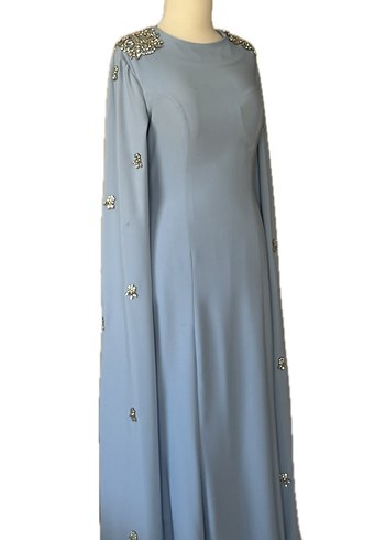 Uzun Kollu Nakışlı Mavi Abiye Elbise - Görsel 4