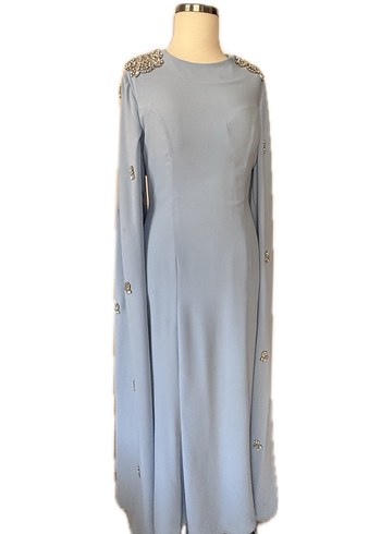 Uzun Kollu Nakışlı Mavi Abiye Elbise - Görsel 2