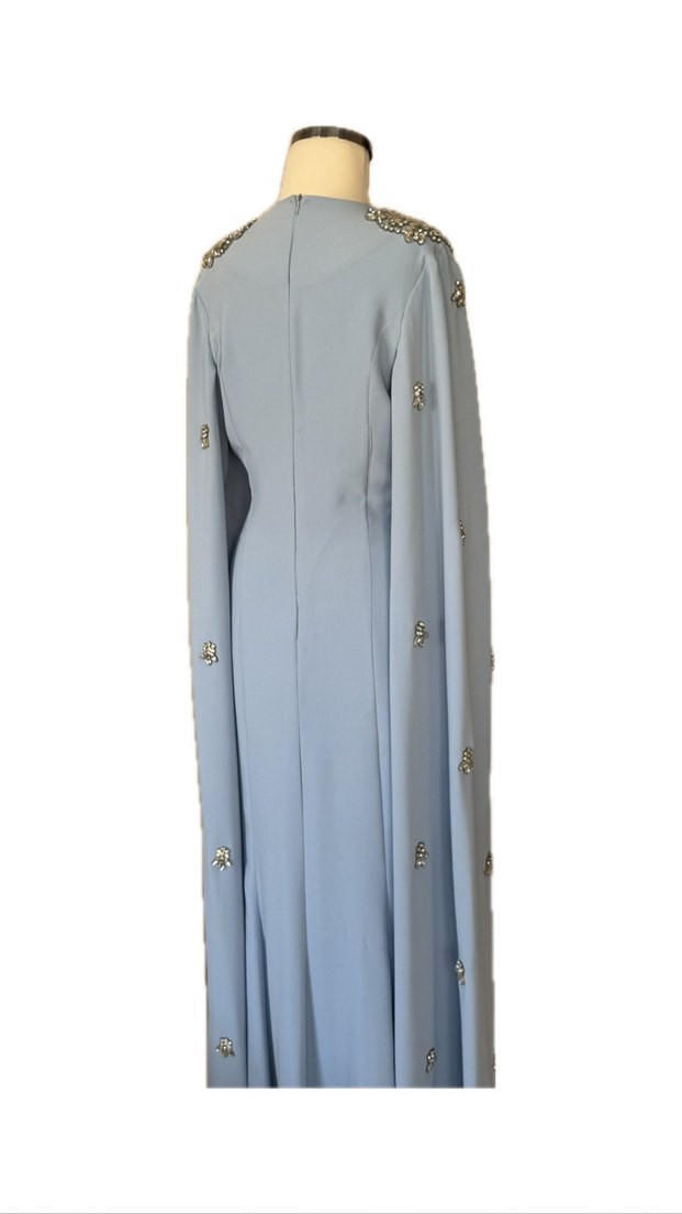 Uzun Kollu Nakışlı Mavi Abiye Elbise - Görsel 3
