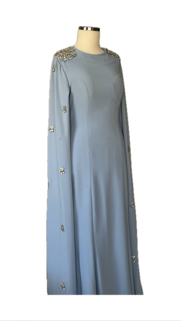 Uzun Kollu Nakışlı Mavi Abiye Elbise - Görsel 4