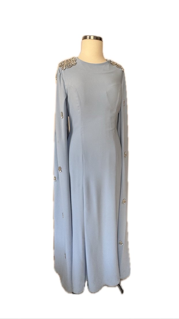 Uzun Kollu Nakışlı Mavi Abiye Elbise - Görsel 2