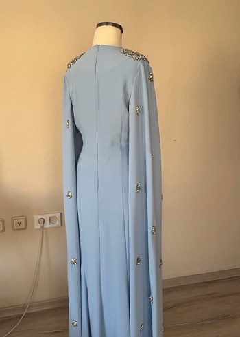 Mavi Uzun Kollu Nakışlı Abiye Elbise - Görsel 5