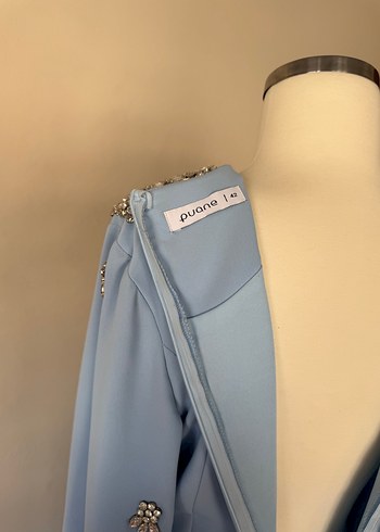 Mavi Uzun Kollu Nakışlı Abiye Elbise - Görsel 3