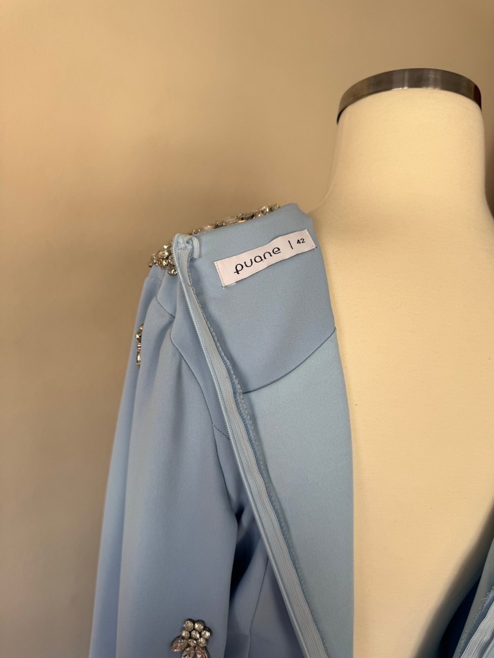 Mavi Uzun Kollu Nakışlı Abiye Elbise - Görsel 3