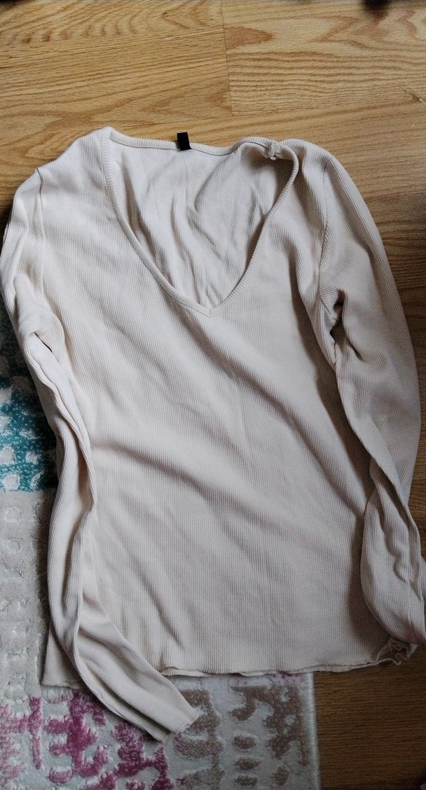 Kadın Beyaz Keten V Yaka Uzun Kollu Gömlek - Görsel 2