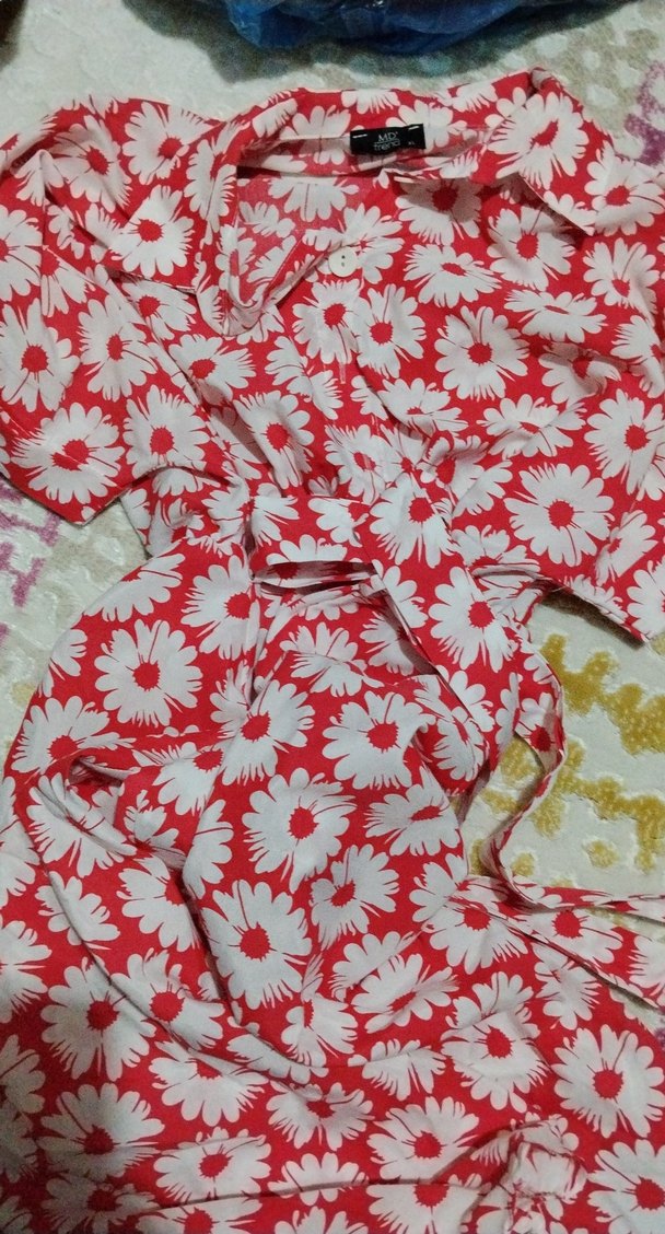 Kırmızı Çiçek Desenli Strappy Kısakollu Elbise - Görsel 2