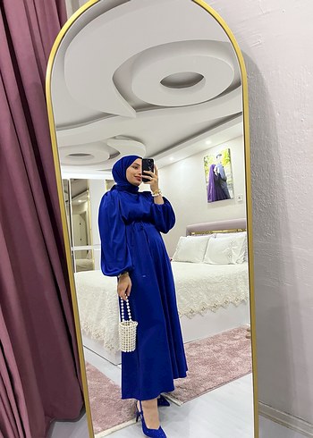 Mavi Saten Uzun Bohem Kadın Elbise - Görsel 6