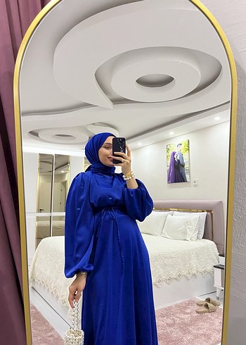 Mavi Saten Uzun Bohem Kadın Elbise - Görsel 8