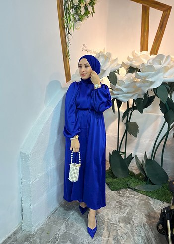 Mavi Saten Uzun Bohem Kadın Elbise - Görsel 2