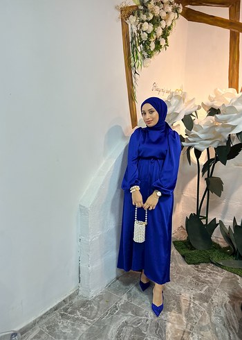 Mavi Saten Uzun Bohem Kadın Elbise - Görsel 5