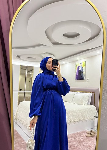 Mavi Saten Uzun Bohem Kadın Elbise - Görsel 7