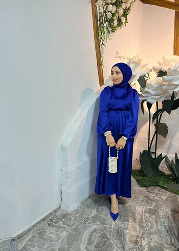 Mavi Saten Uzun Bohem Kadın Elbise - Görsel 4