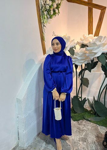 Mavi Saten Uzun Bohem Kadın Elbise - Görsel 3