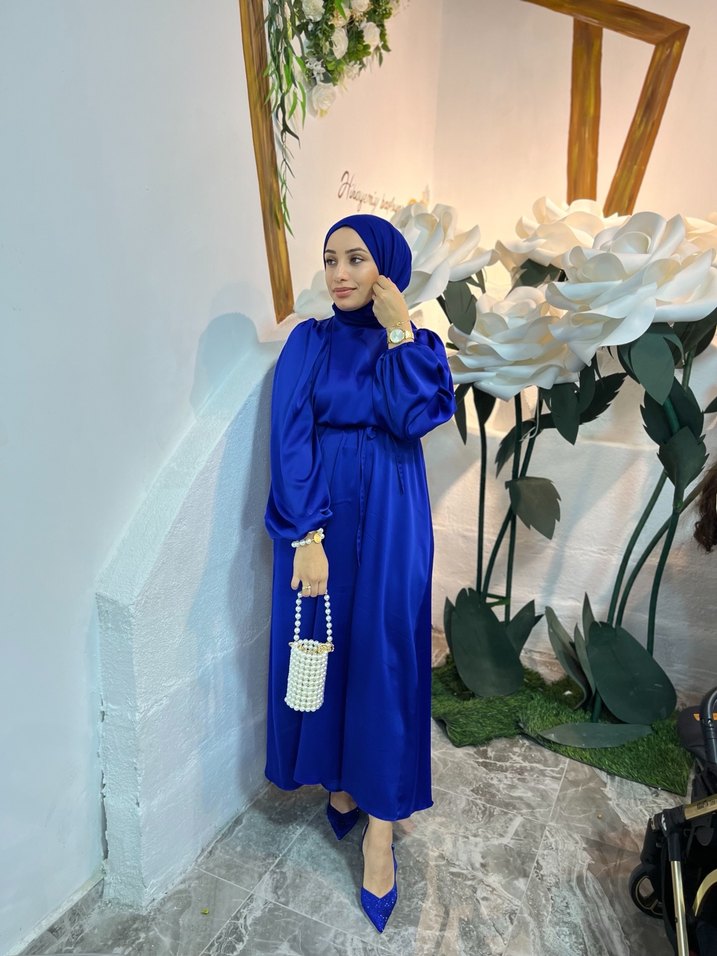 Mavi Saten Uzun Bohem Kadın Elbise - Görsel 2