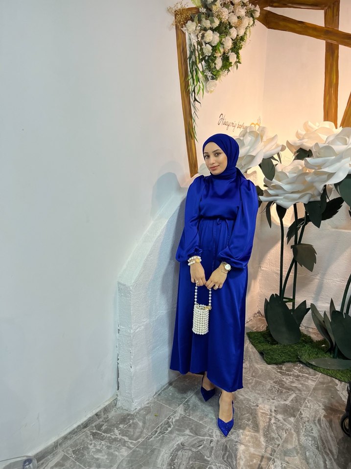 Mavi Saten Uzun Bohem Kadın Elbise - Görsel 5