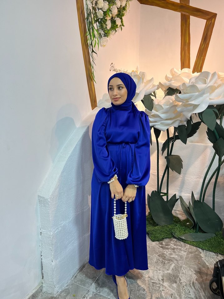 Mavi Saten Uzun Bohem Kadın Elbise - Görsel 3