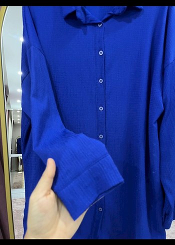 Mavi Uzun Kollu Düğmeli Keten Gömlek - Görsel 2