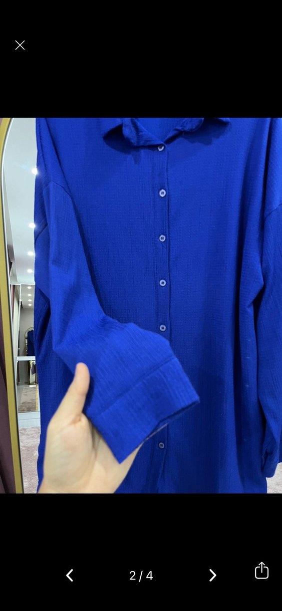 Mavi Uzun Kollu Düğmeli Keten Gömlek - Görsel 2