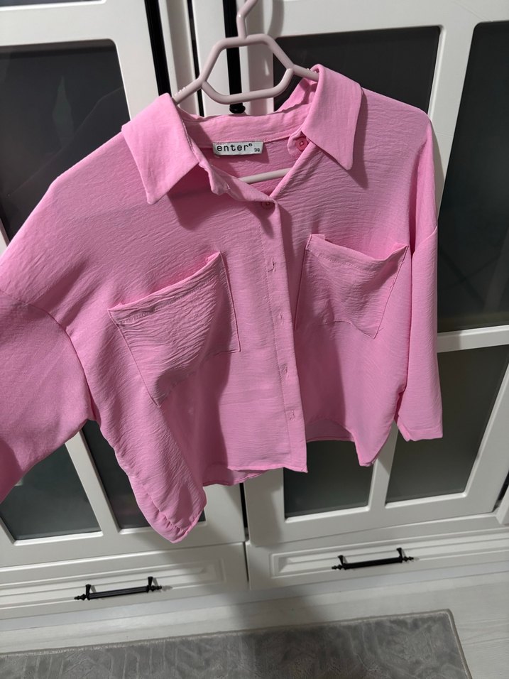 Düğmeli Pembe Kadın Gömlek - Görsel 2