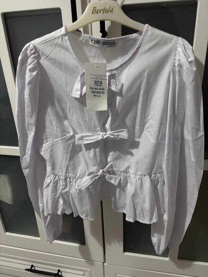 Beyaz Keten Mini Kadın Gömlek - Görsel 2