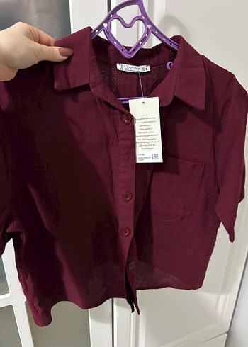 Bordo Keten Düğmeli Kadın Gömlek - Görsel 3