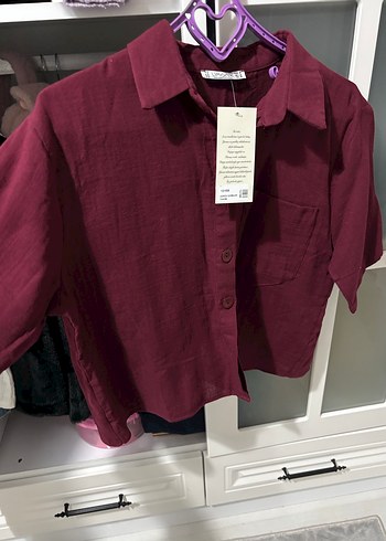 Bordo Keten Düğmeli Kadın Gömlek - Görsel 2