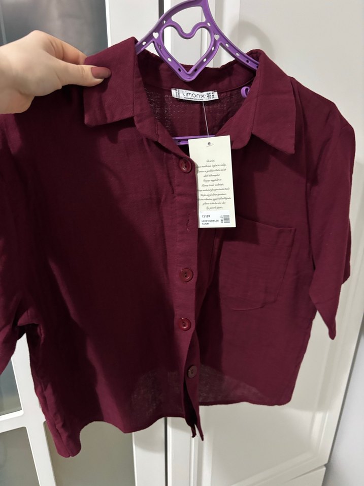 Bordo Keten Düğmeli Kadın Gömlek - Görsel 3