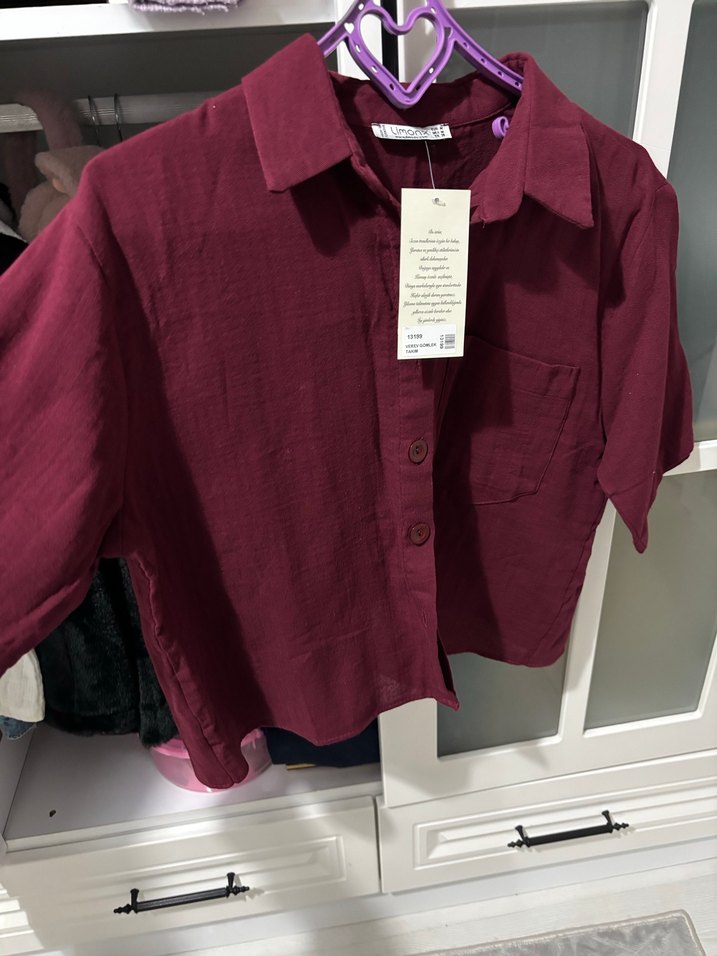 Bordo Keten Düğmeli Kadın Gömlek - Görsel 2