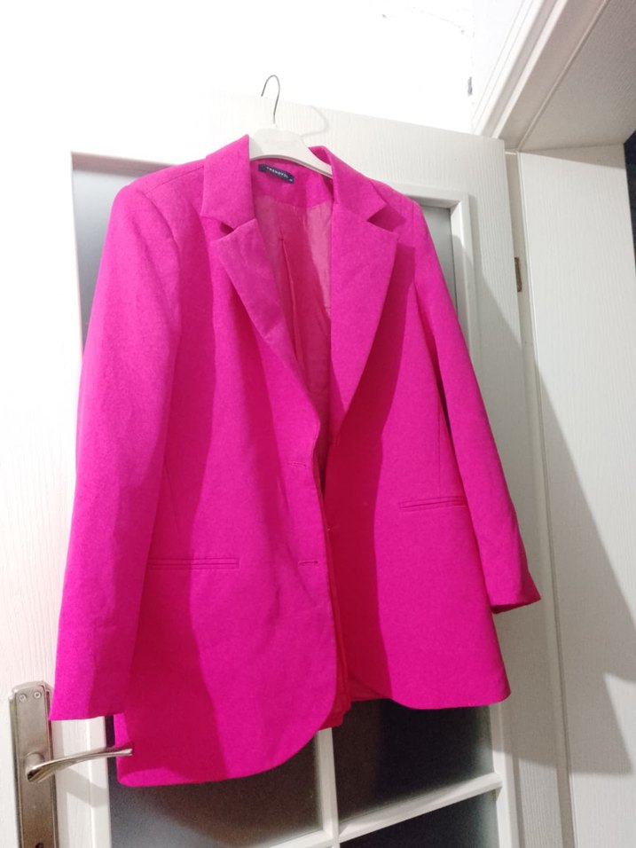 Düğmeli Pembe Kadın Blazer Ceket eşarp - Görsel 2