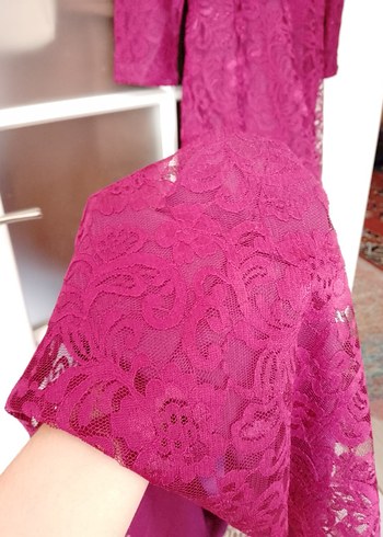 Bordo Dantel Detaylı Uzun Kollu Kadın Elbise - Görsel 3